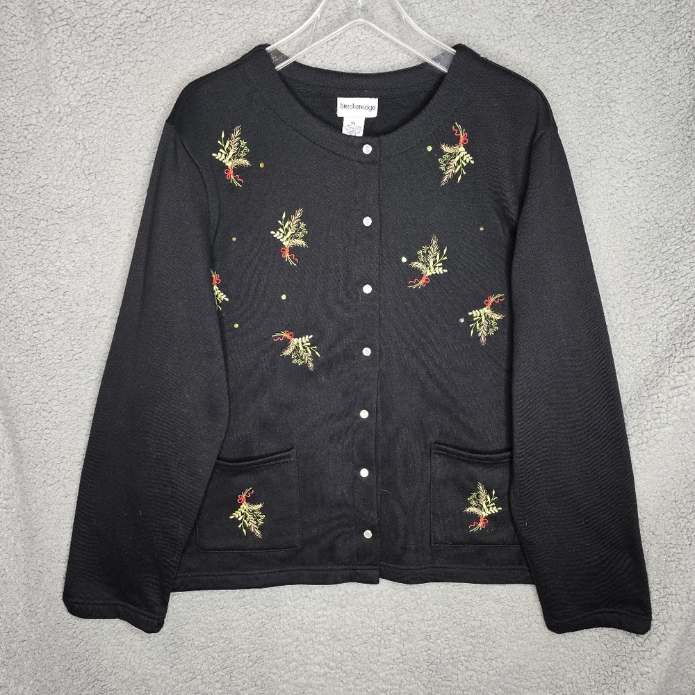 Breckenridge Cardigan Womens Size XL Fleece Pearl Snap Front Black Embroidered